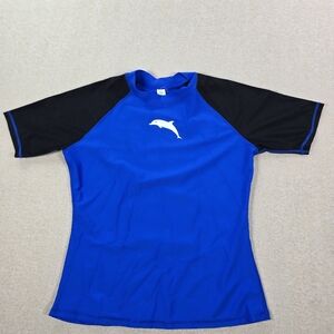 Halcurt Womens M Blue Black Rash Guard Swim Shirt Dolphin Logo NWT
